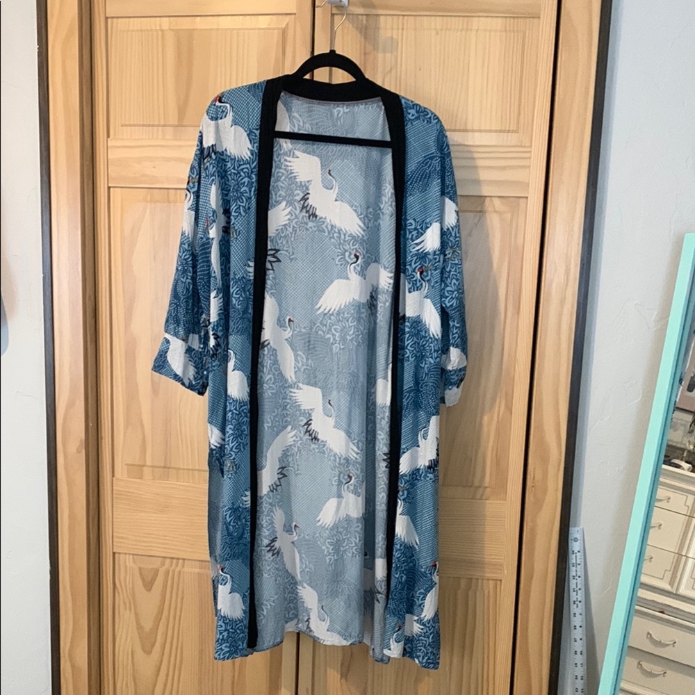 Vintage Blue Kimono with Crane Print